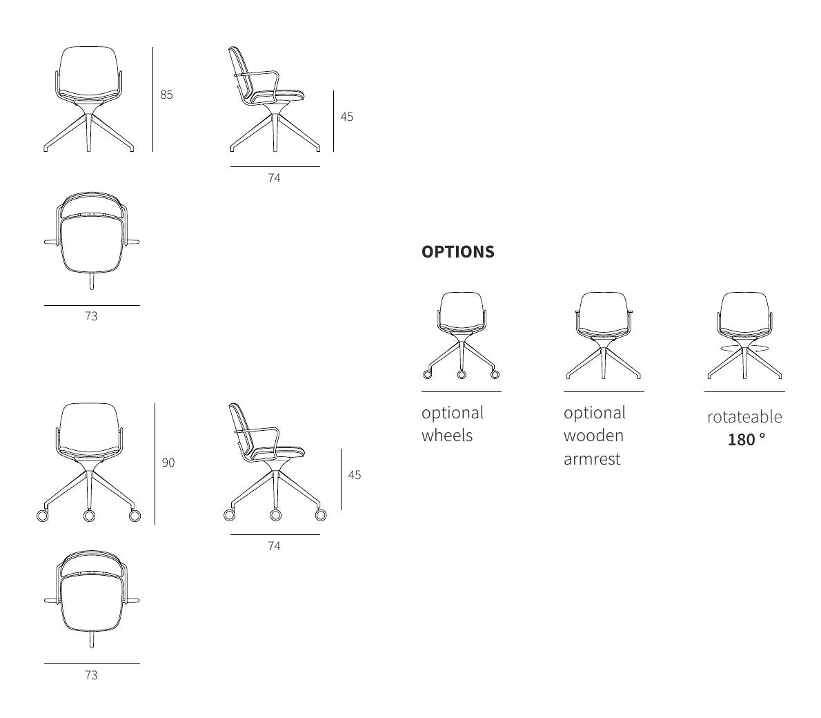 NUNC Svib office chair, technical drawing with dimensions and options