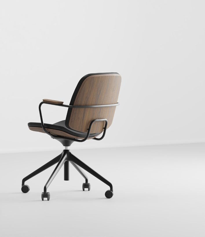 NUNC Svib office chair with castors, rear view of the walnut veneer shell