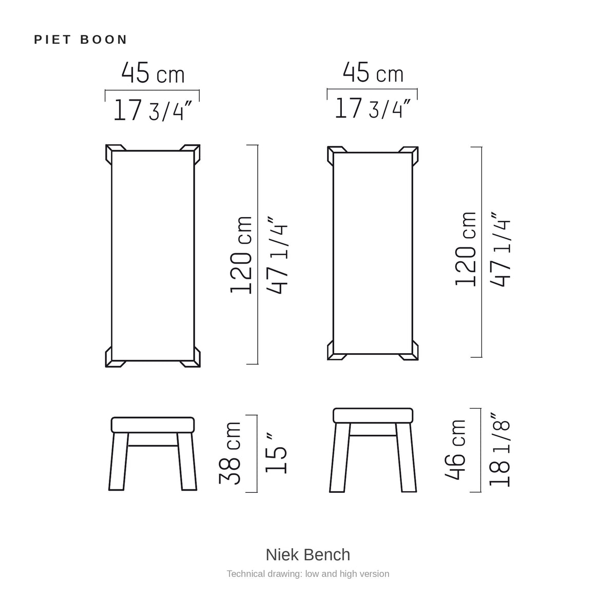 Piet Boon Niek Bench, technical drawing