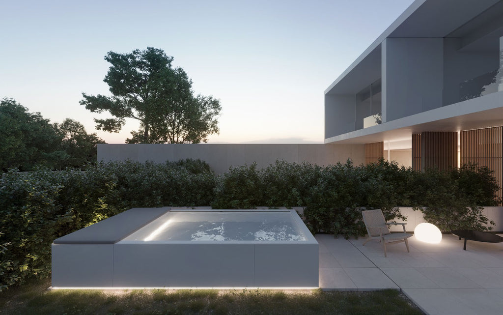 Poolins RECTA with integrated LED lighting at dusk