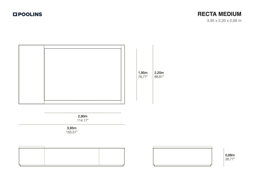 Poolins RECTA Medium technical drawing, 3,95 x 2,20 x 0,68 m