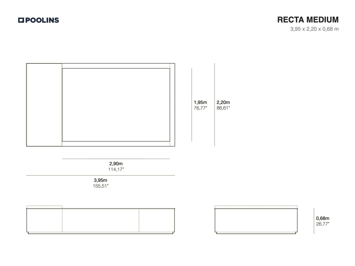 Poolins RECTA Medium technical drawing, 3,95 x 2,20 x 0,68 m