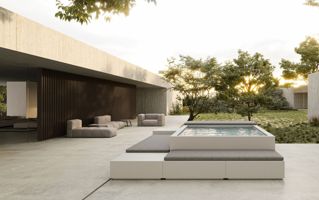 Poolins RECTA with external lounger and table modules on a terrace