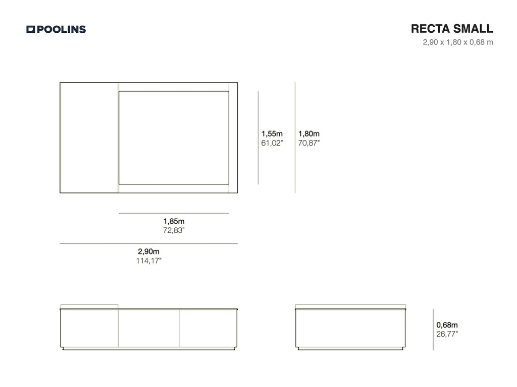 Poolins RECTA Small technical drawing, 2,90 x 1,80 x 0,68 m
