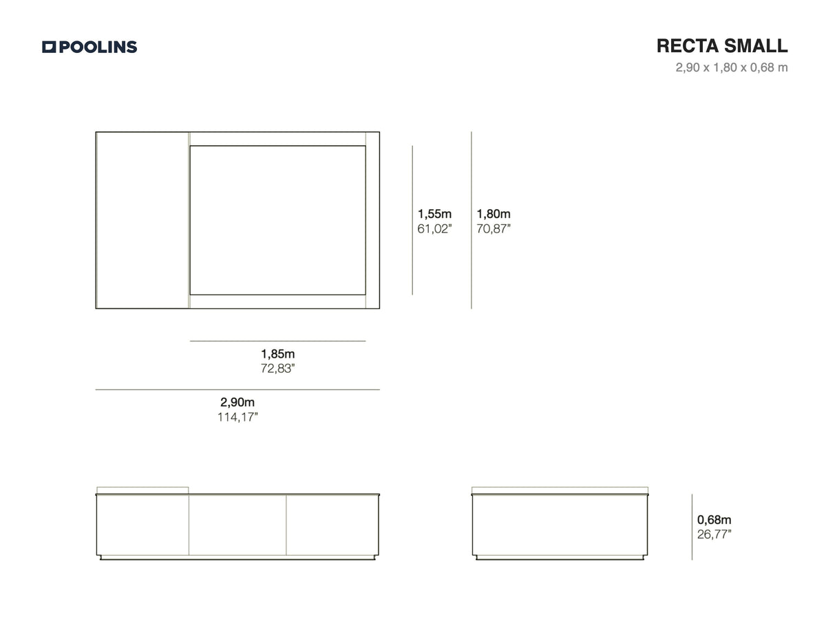 Poolins RECTA Small technical drawing, 2,90 x 1,80 x 0,68 m