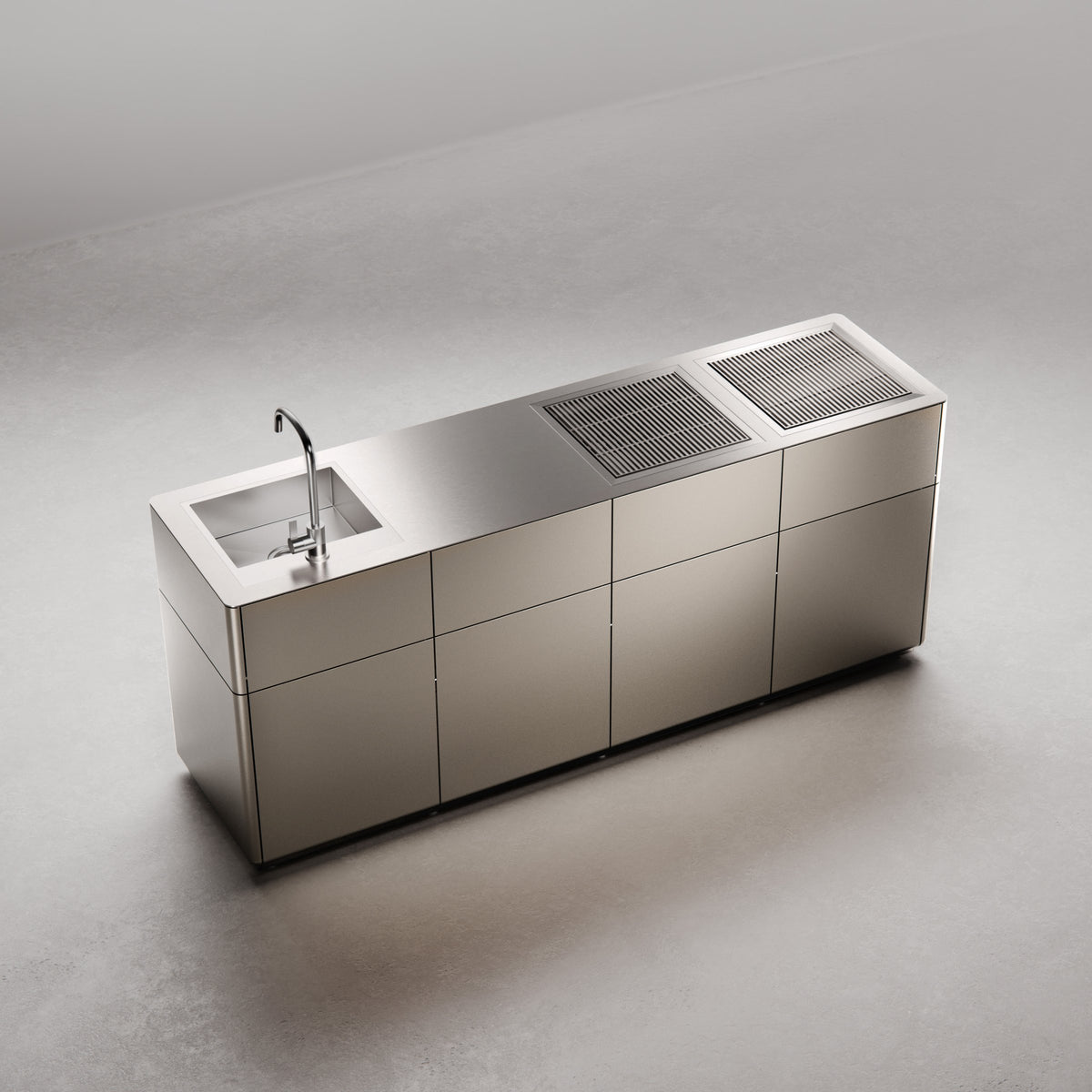 Nore outdoor kitchen in stainless steel with sink and grills, image: Röshults